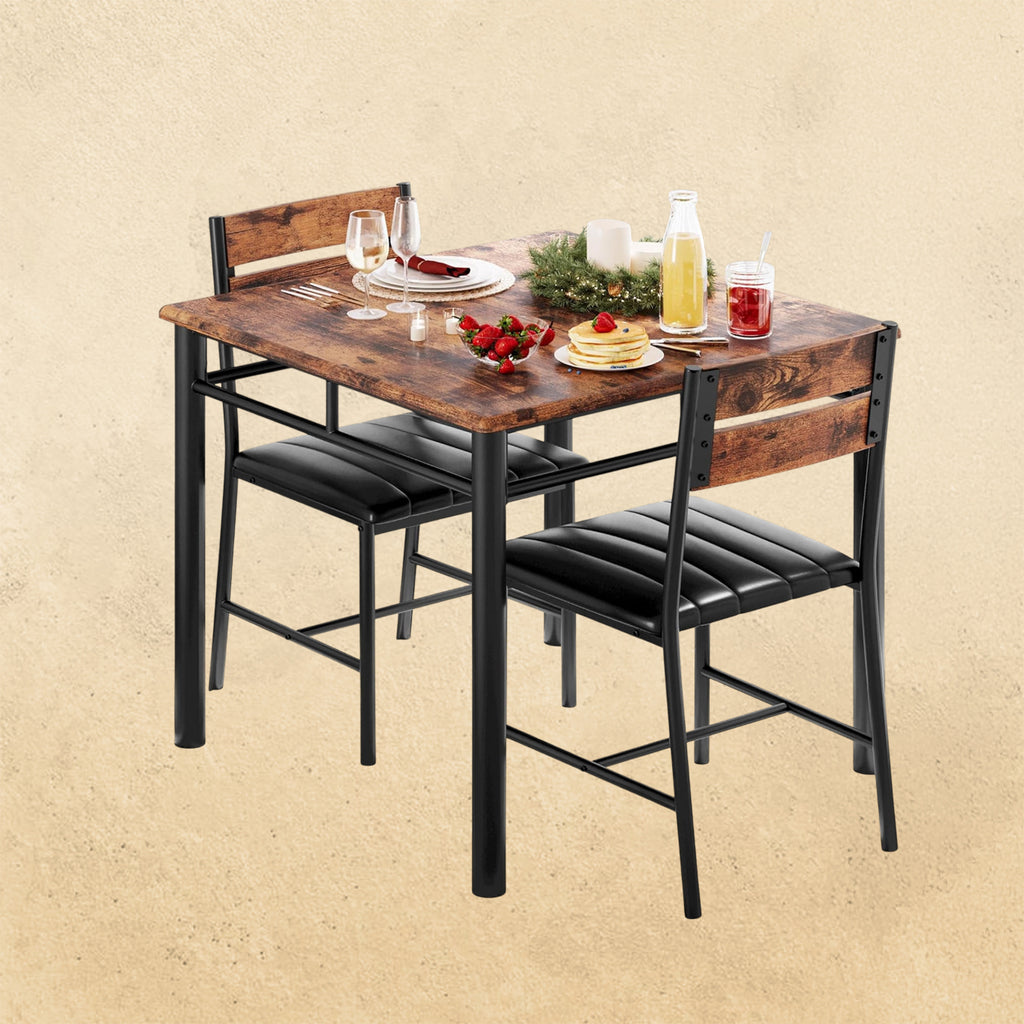 IRONCK Dining Table Set for 2 with Upholstered Chairs, Rustic Brown