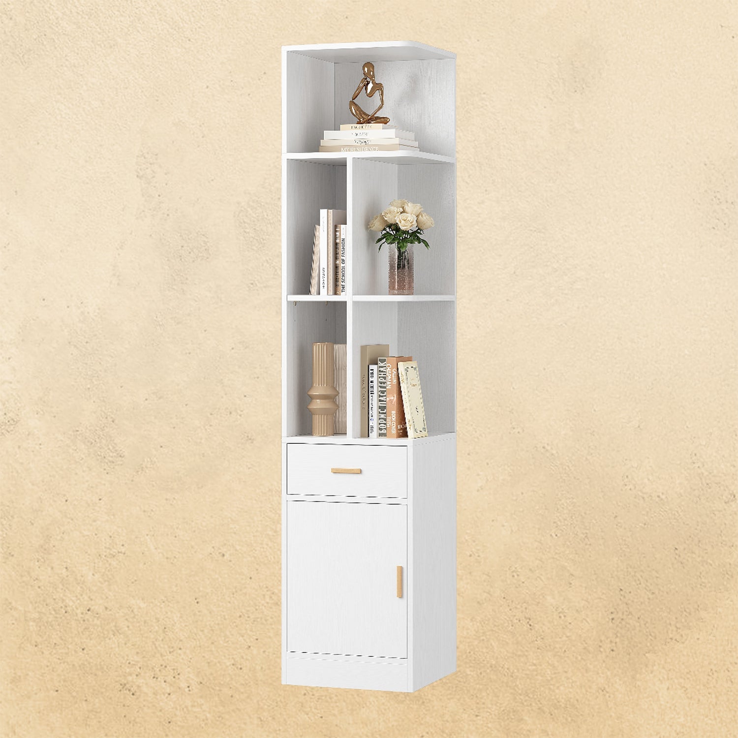IRONCK Corner Bookshelf with Drawer and Storage Cabinet