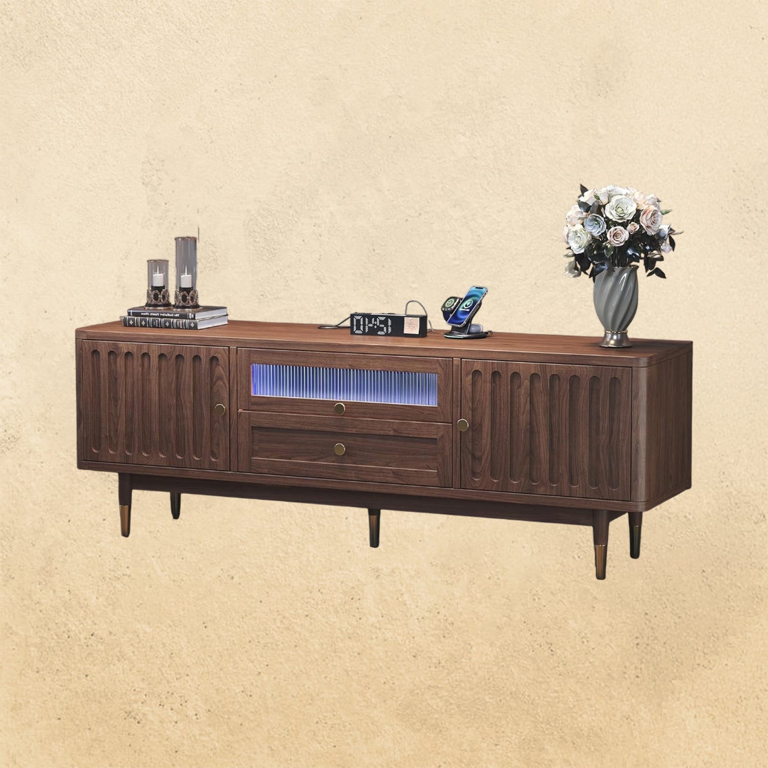 IRONCK TV Stand for 70 Inch TV, LED Lighting and Charging Station, Walnut