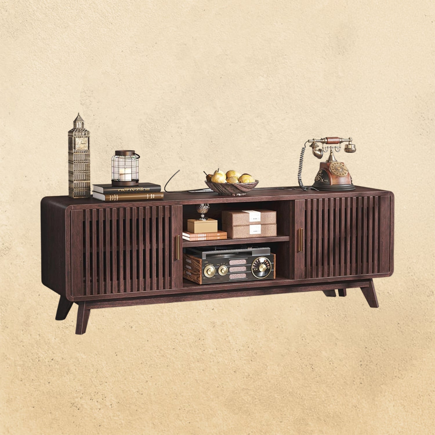 IRONCK 63'' TV Stand, with 2 Sliding Doors, Red Walnut