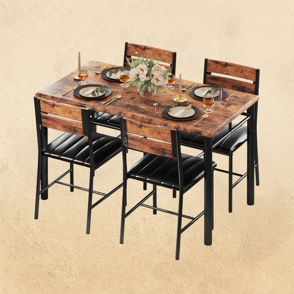 IRONCK Dining Table Set for 4, Wood Kitchen Table with Upholstered Chairs for Kitchen Room and Small Spaces, Rustic Brown
