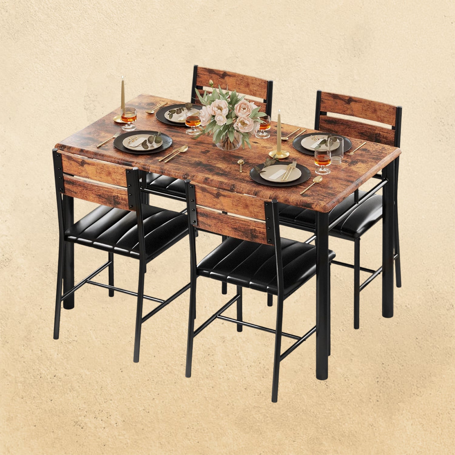 IRONCK Dining Table Set for 4, Wood Kitchen Table with Upholstered Chairs for Kitchen Room and Small Spaces, Rustic Brown