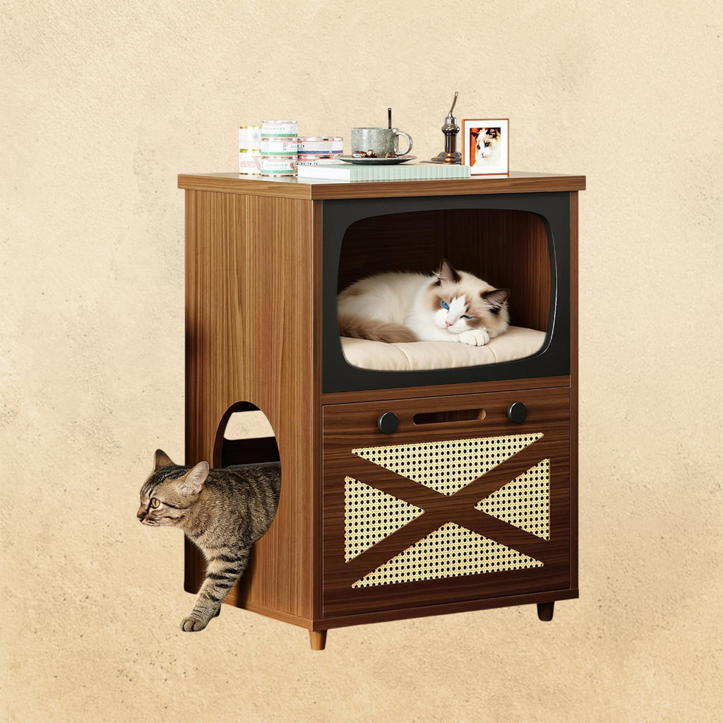 IRONCK Cat House for Indoor 2-in-1 Wooden Cat Condo with Scratching Board, Walnut