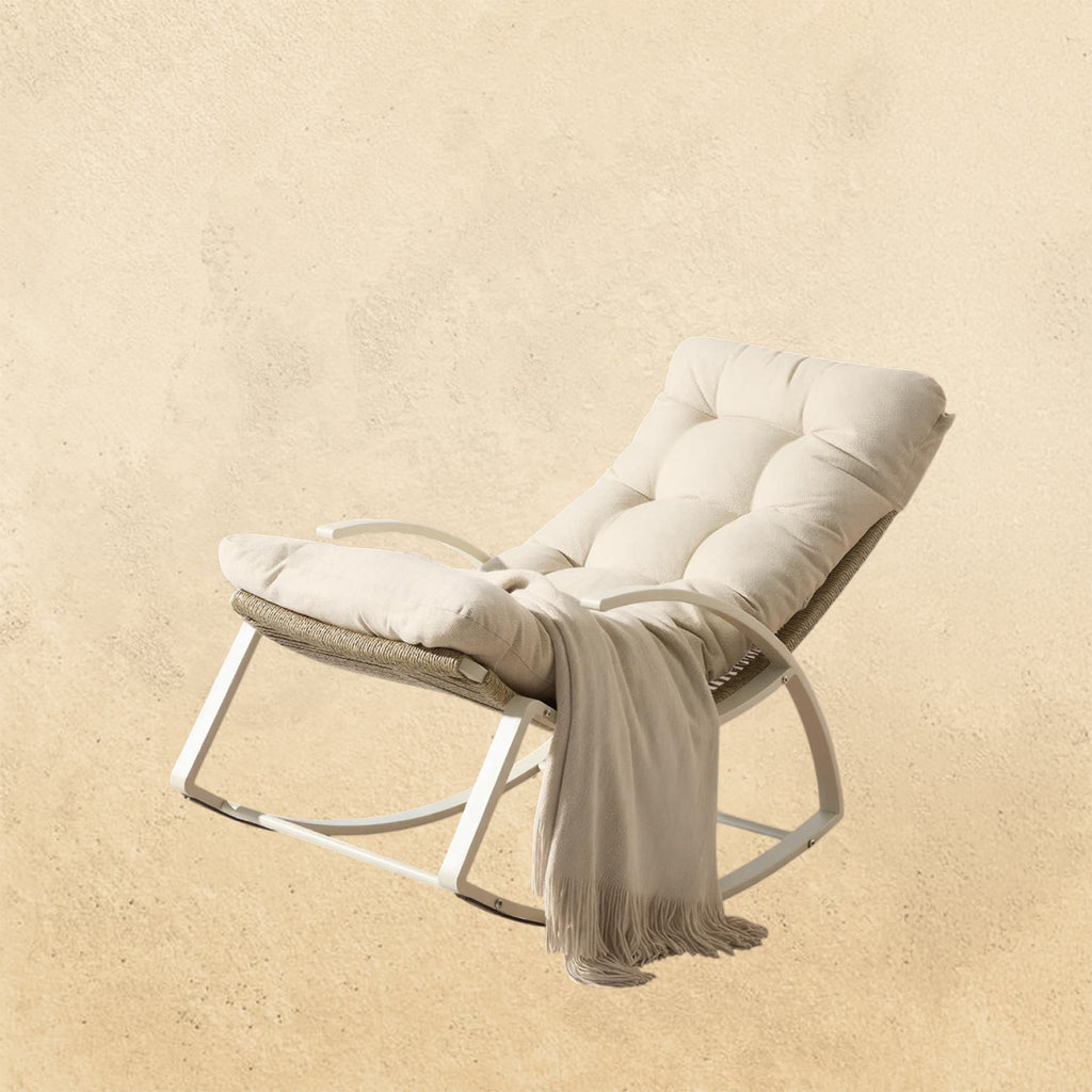 IRONCK Patio Rocking Chair, Outdoor Rocking Chair with Armrest and Cushion, Beige