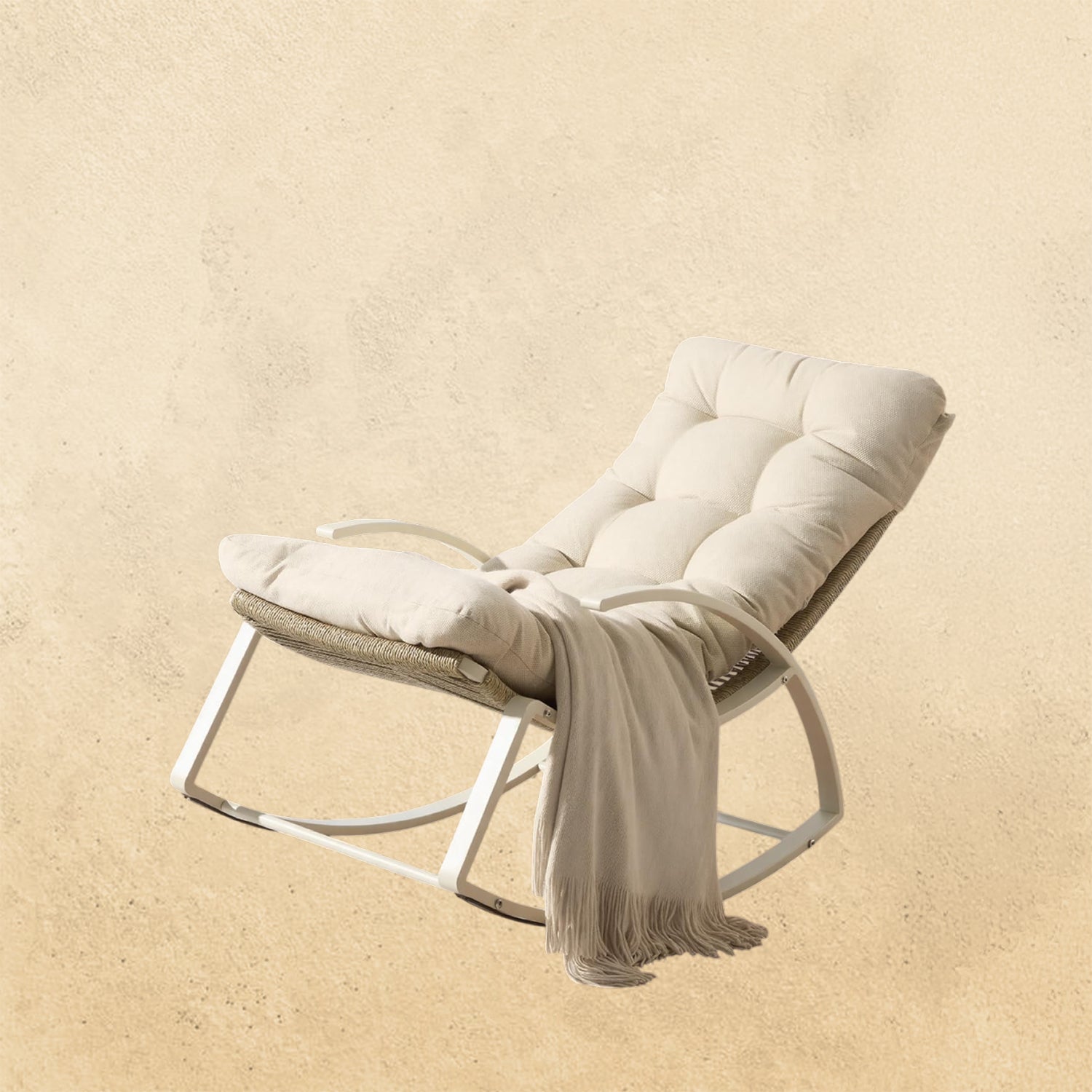 IRONCK Patio Rocking Chair, Outdoor Rocking Chair with Armrest and Cushion, Beige