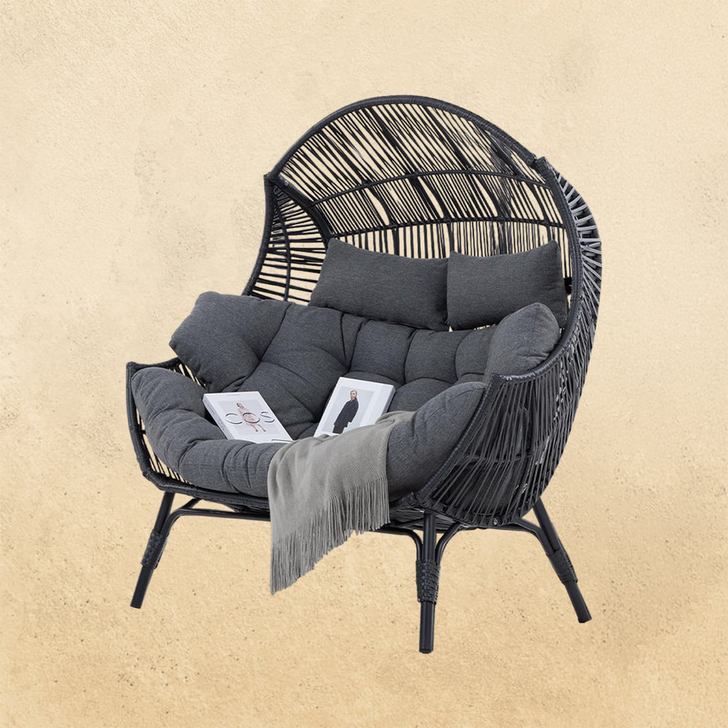 IRONCK Double Egg Chair Outdoor, 2 Person Wicker Lounge Chair, Dark Grey