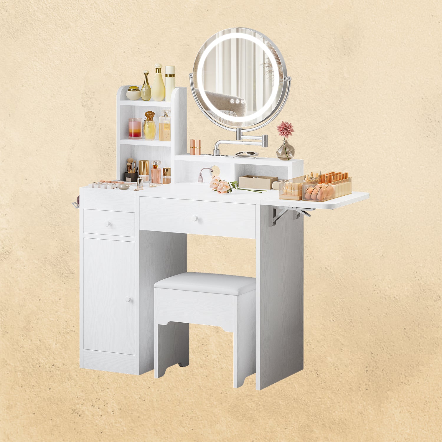 Makeup Vanity Table Set with Adjustable Mirror and LED Lights