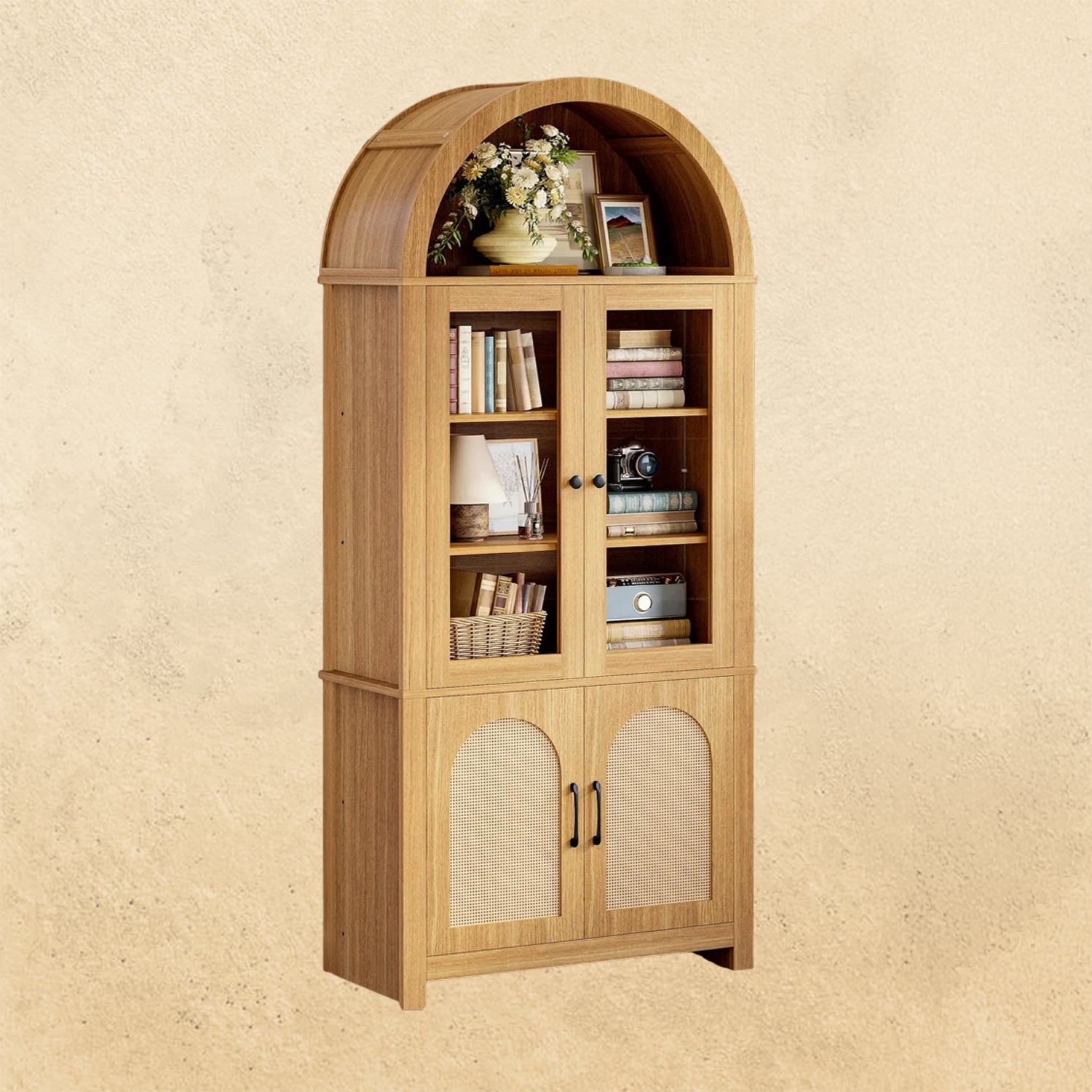 74.8" Tall Arched Bookshelf with 4 Doors
