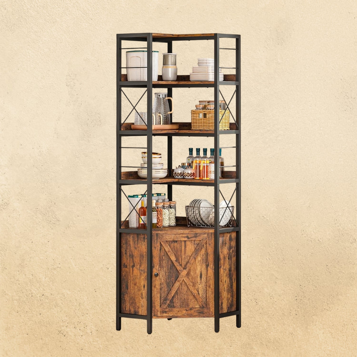 IRONCK 5 Tiers Corner Bookshelf with Baffles, Bookcase with Doors