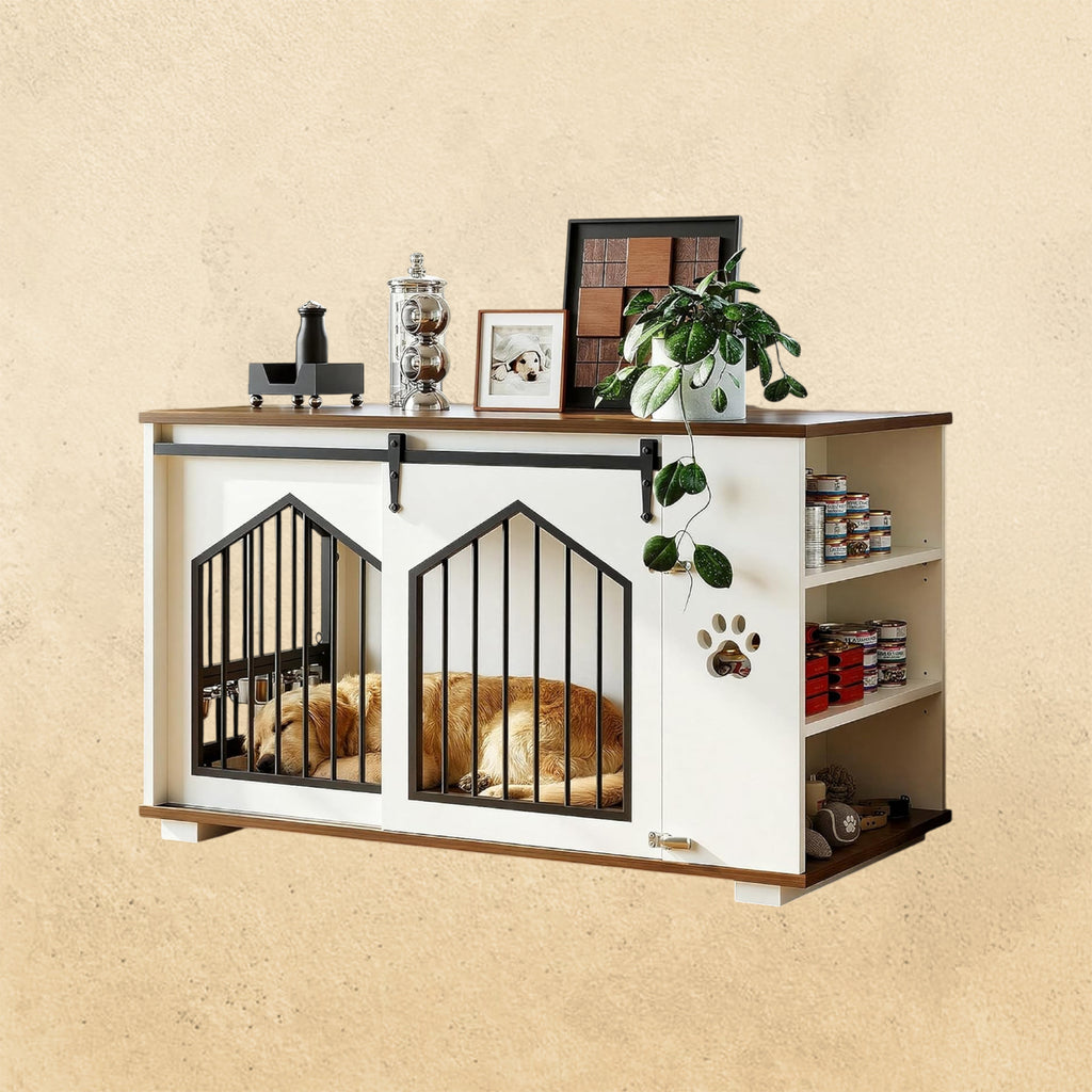 IRONCK Large Dog Crate Furniture with 2 Rotatable Dog Bowls, White