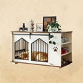 IRONCK Large Dog Crate Furniture with 2 Rotatable Dog Bowls, White