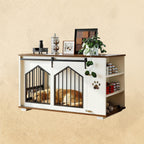 IRONCK Large Dog Crate Furniture with 2 Rotatable Dog Bowls, White