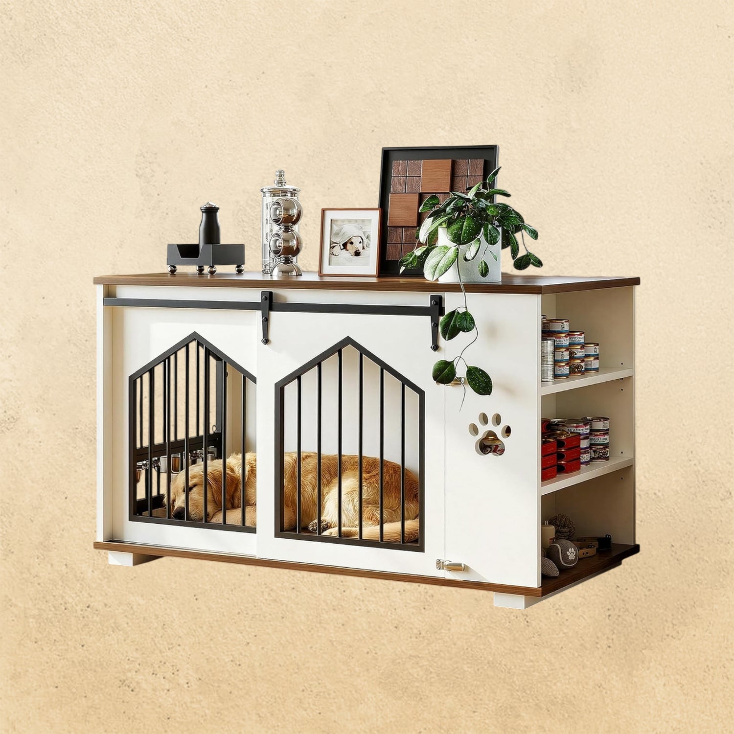 IRONCK Large Dog Crate Furniture with 2 Rotatable Dog Bowls, White