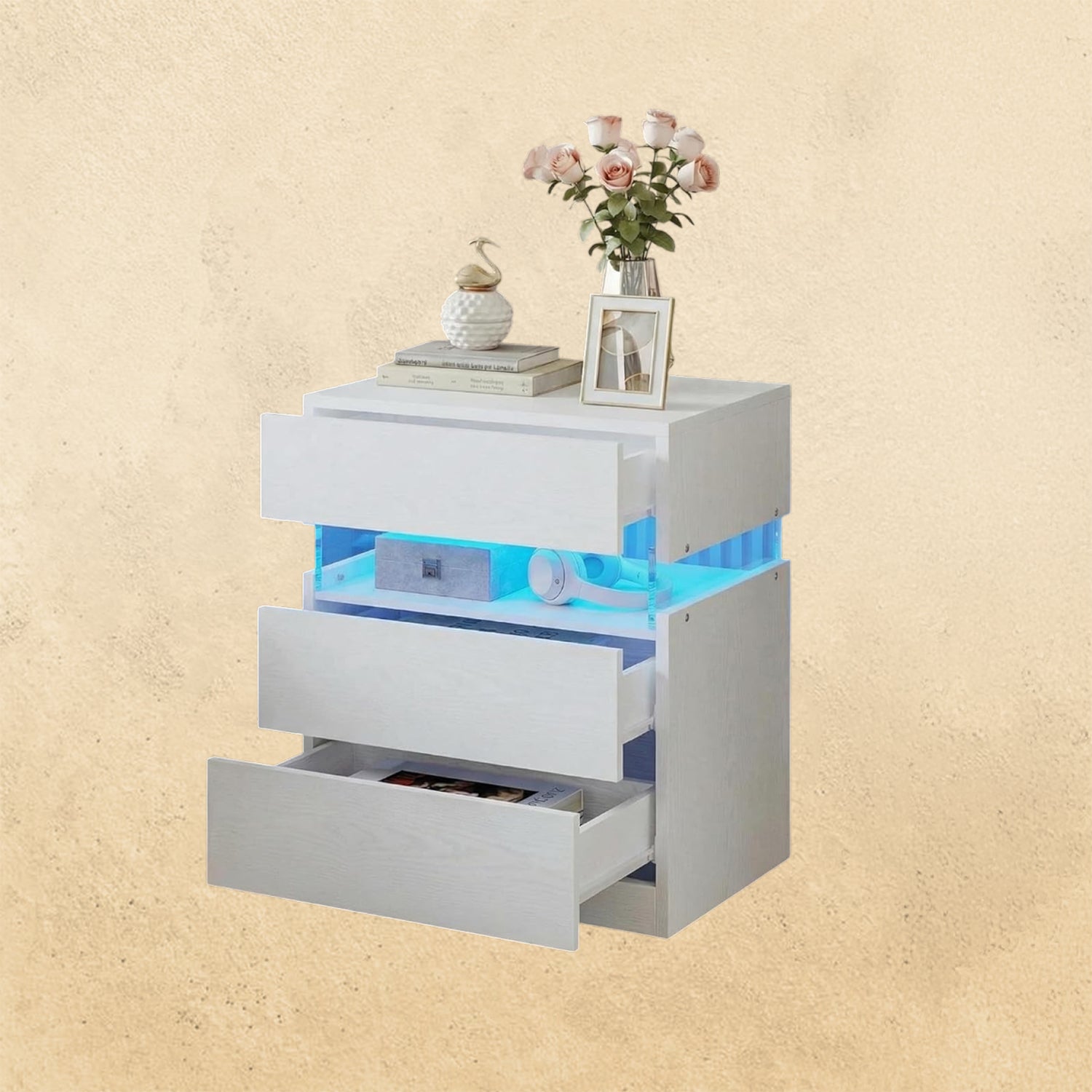 IRONCK Nightstand, with 3 Drawers,  with LED Light  for Bedroom, White