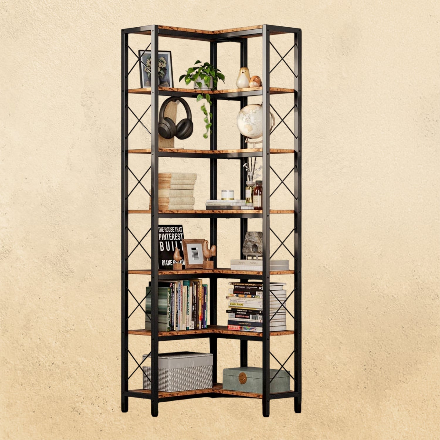 IRONCK 7-Tier Industrial Metal Frame Corner Bookshelf, Vintage Brown
