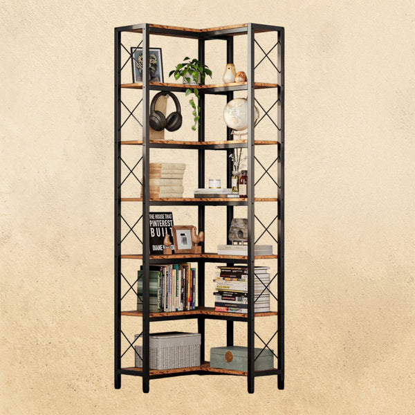IRONCK 7-Tier Industrial Metal Frame Corner Bookshelf, Vintage Brown