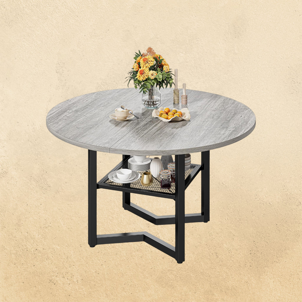 IRONCK 47.2" Round Dining Table with Wooden Tabletop and Metal Base, Gray