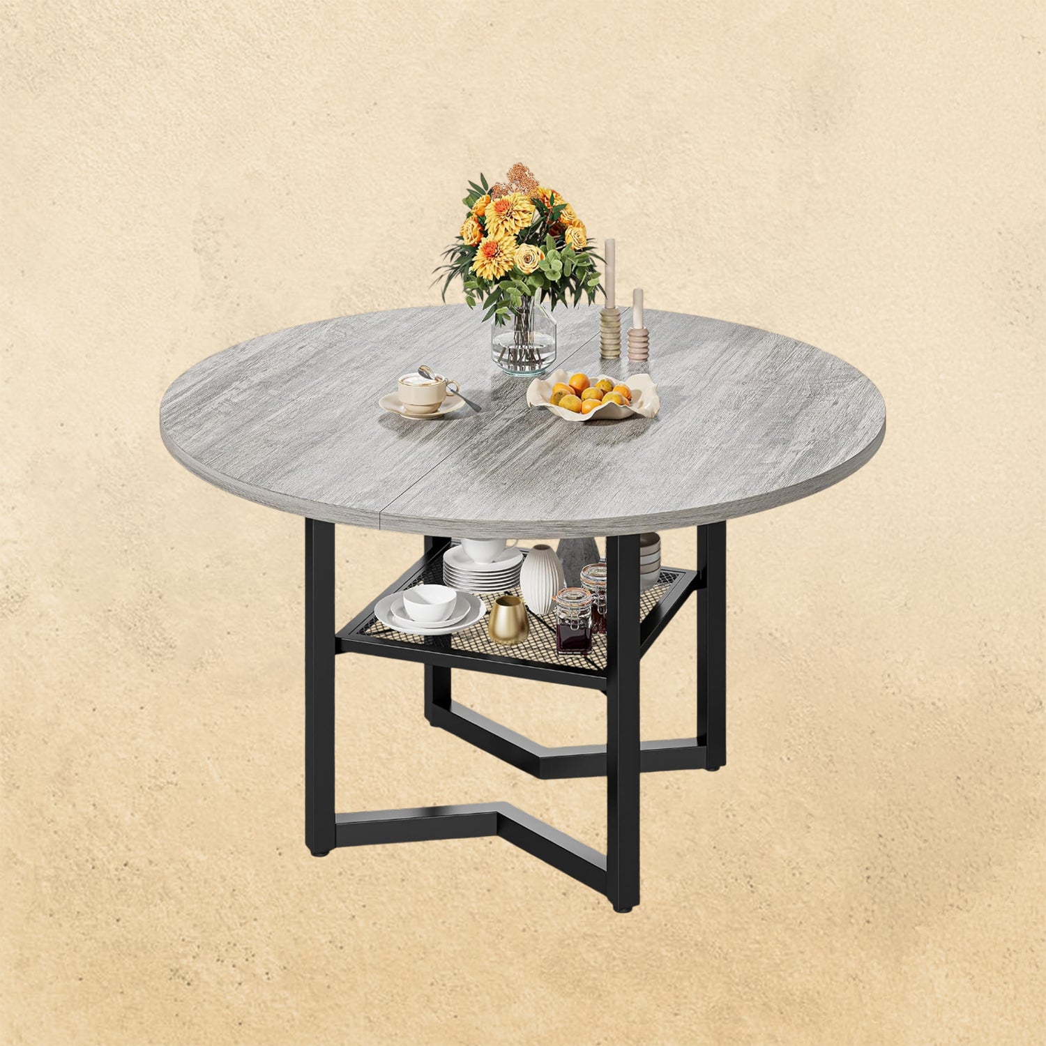 IRONCK 47.2" Round Dining Table with Wooden Tabletop and Metal Base, Gray