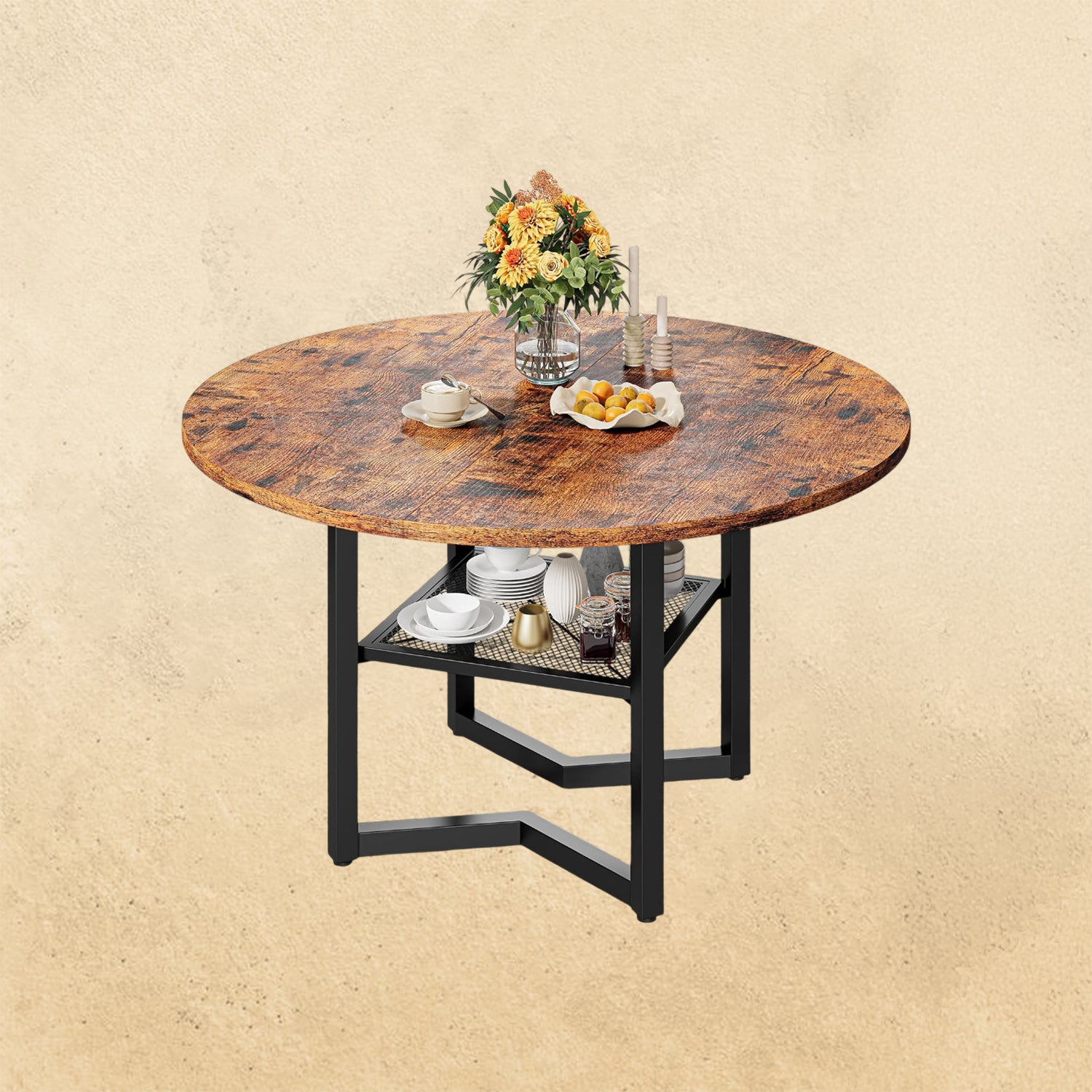 IRONCK 47.2" Wood Round Dining Table for 4, Rustic Brown