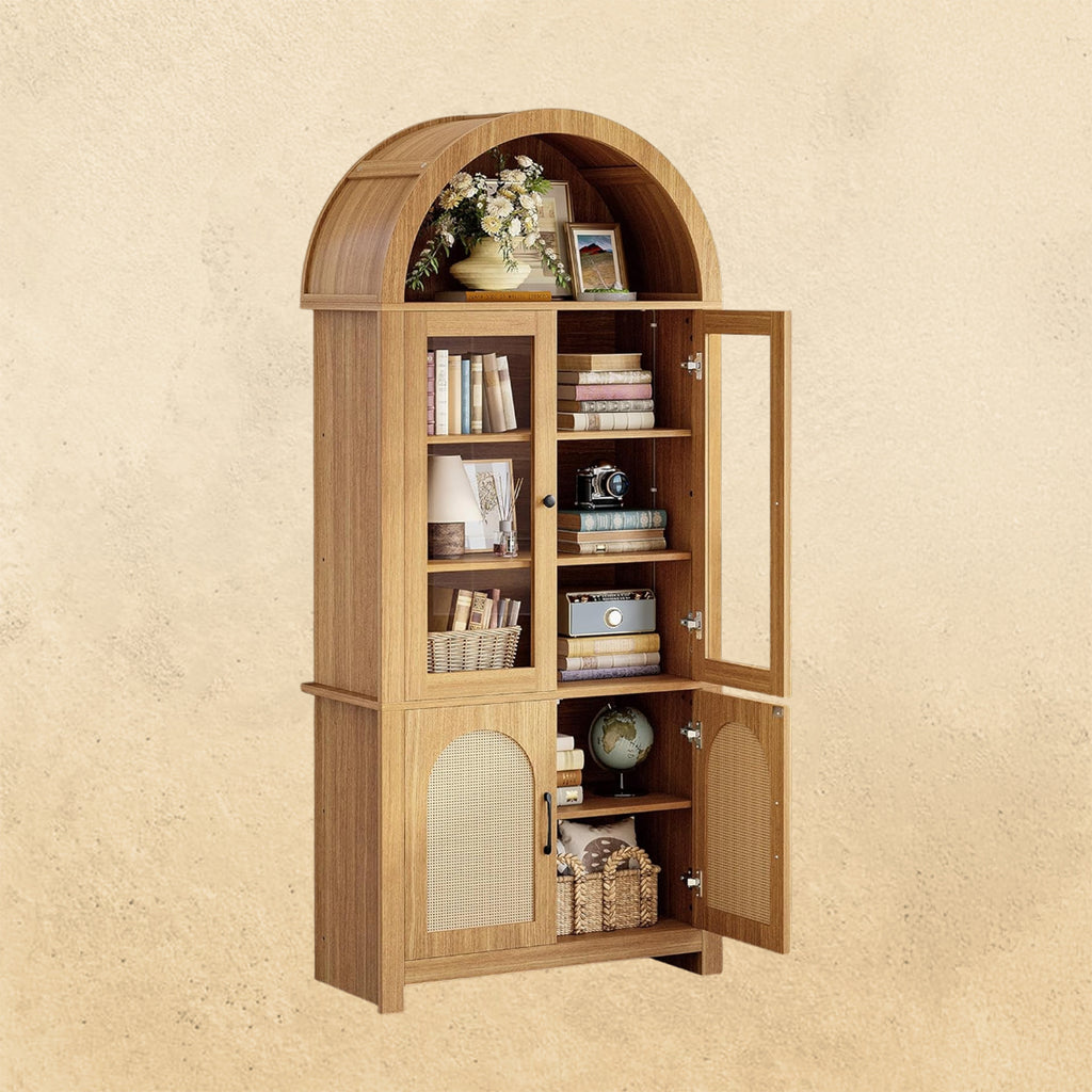 IRONCK 75" Tall 6 Tier Arched Bookshelf with Rattan  Glass Door,  LED