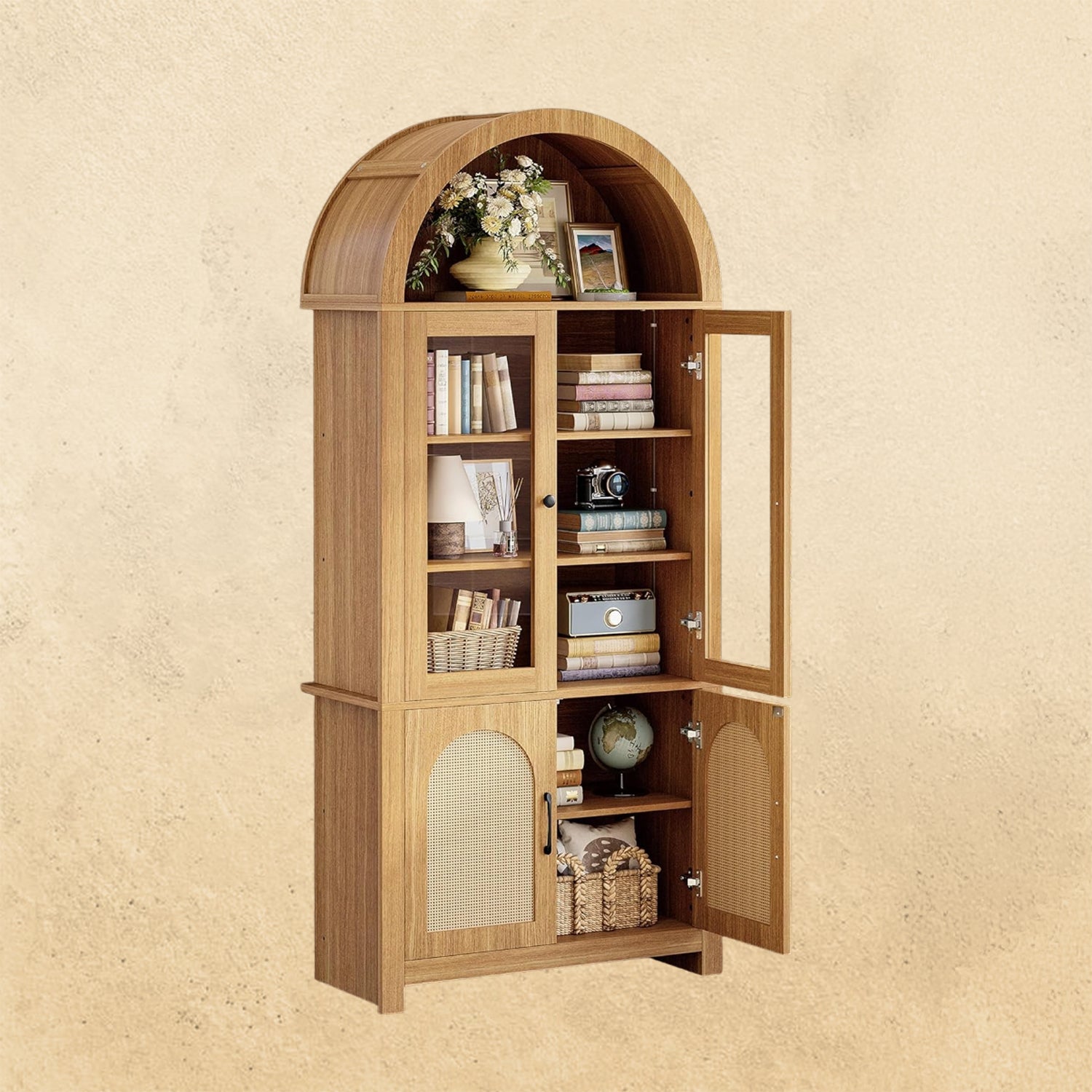 IRONCK 75" Tall 6 Tier Arched Bookshelf with Rattan  Glass Door,  LED