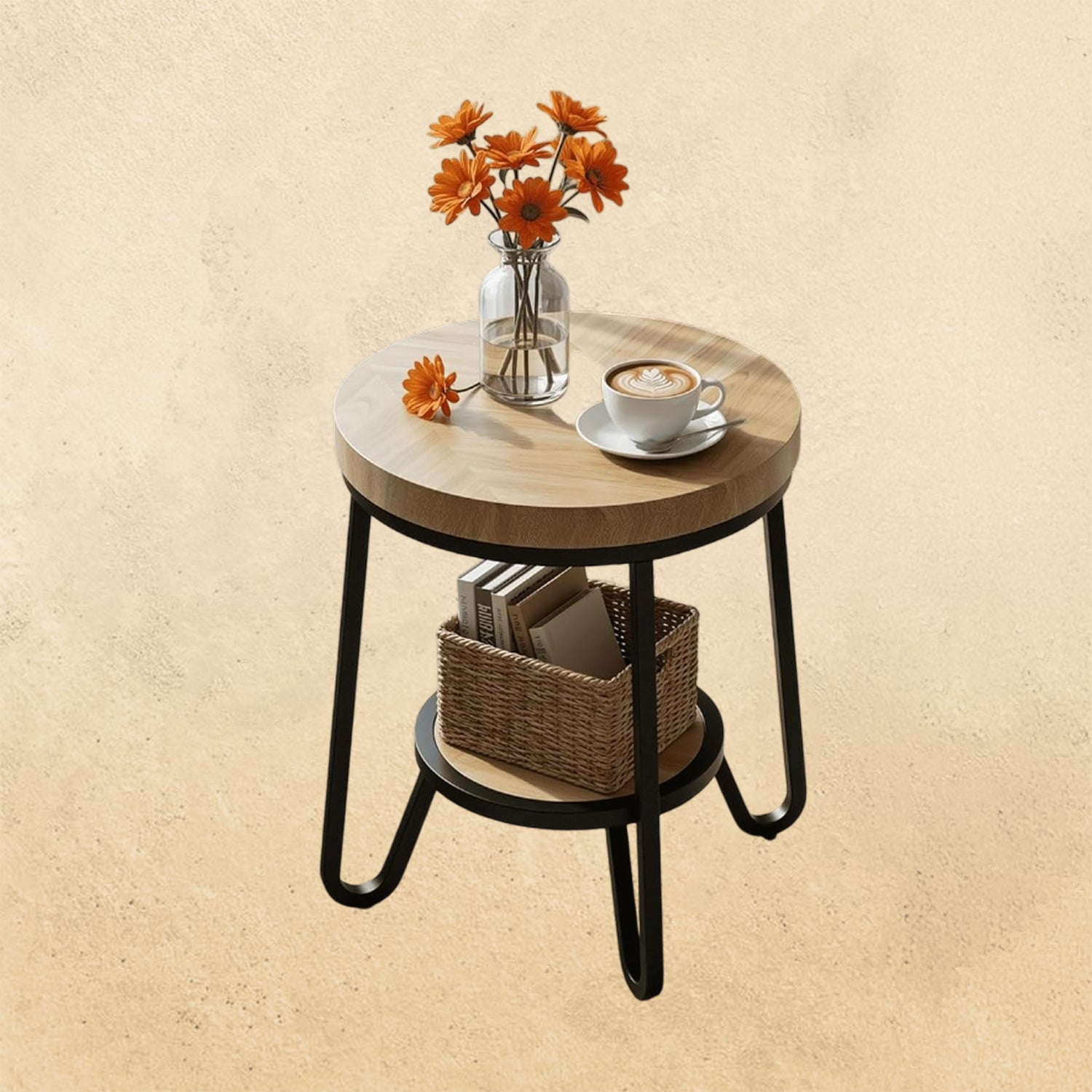 IRONCK 19.7" 2 Tier Round Side Table, Curved Metal Legs, Light Brown