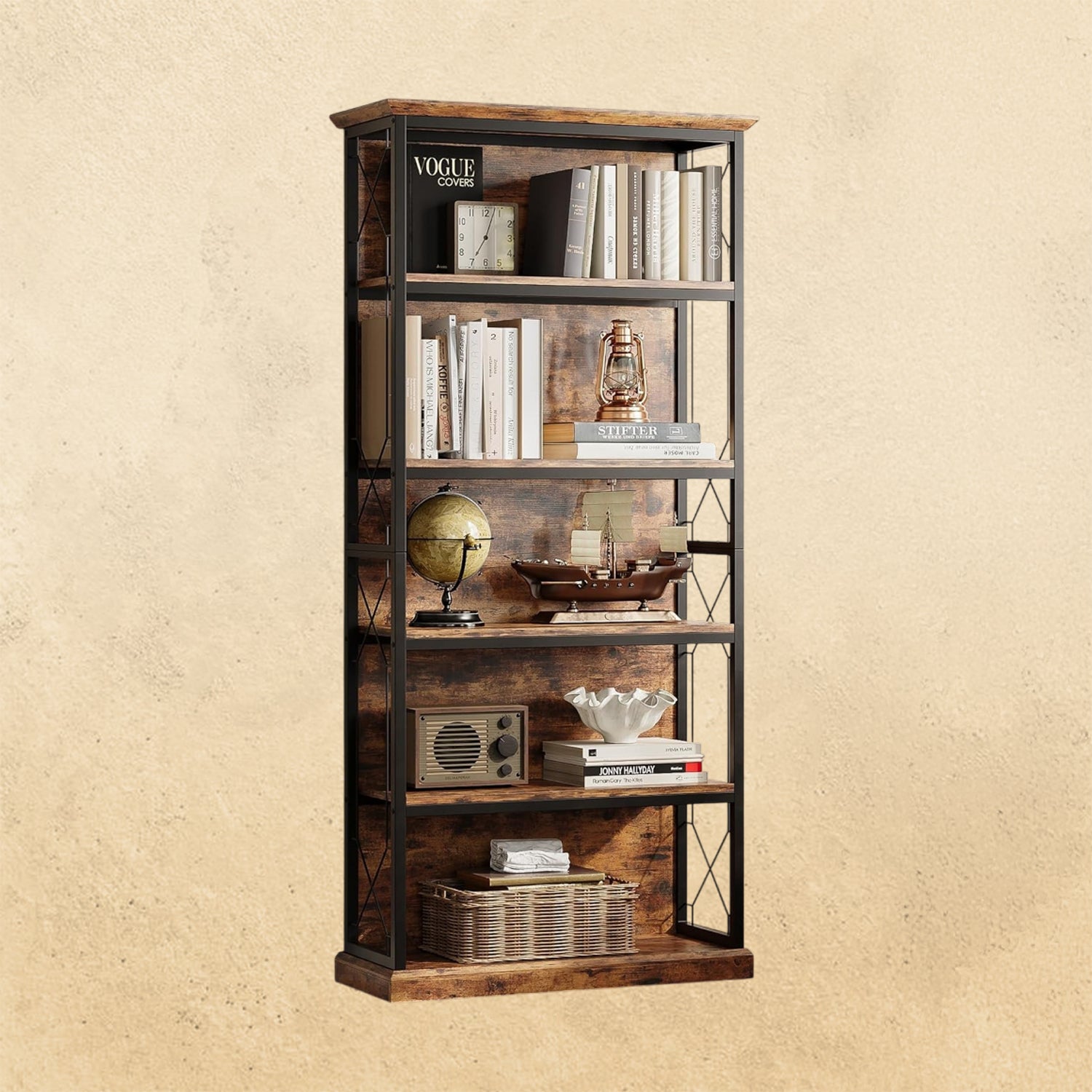 IRONCK 71 Inch5 Tier Industrial  Wood Freestanding BookShelf, Rustic Brown