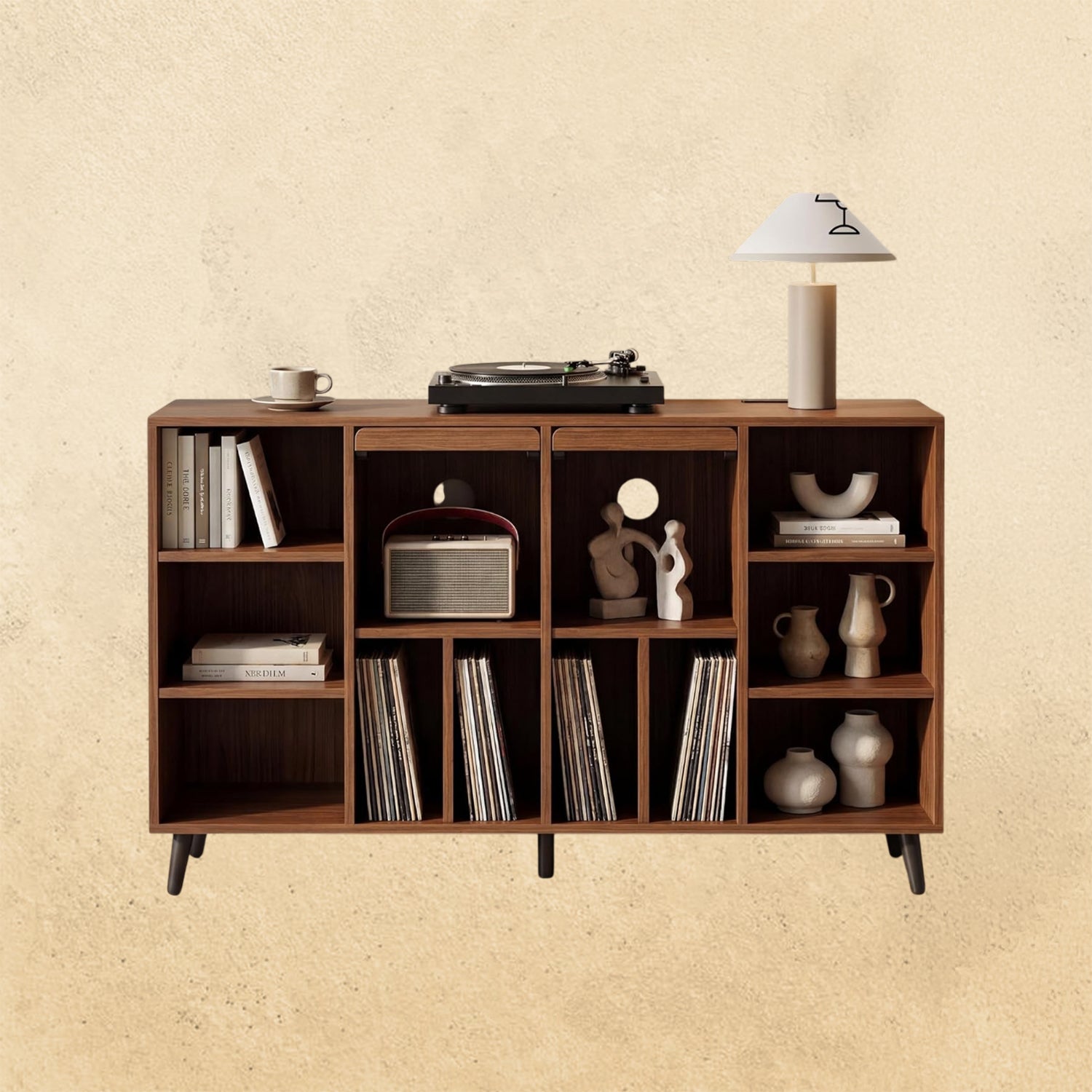 IRONCK Large Record Player Stand 55" with Charging Station, Brown