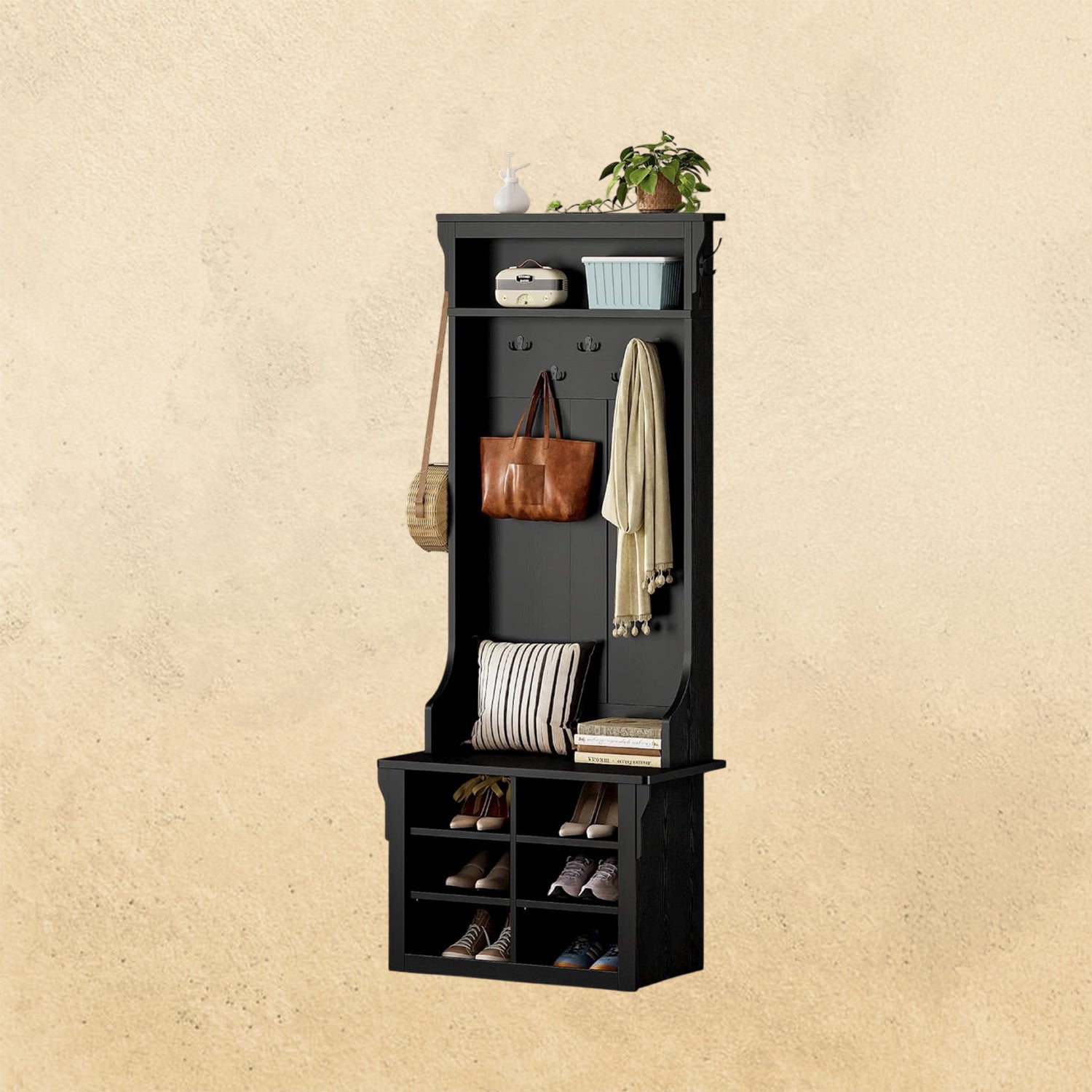 IRONCK Hall Tree with Bench and Shoe Storage, Coat Rack, Adjustable Shelf, Black
