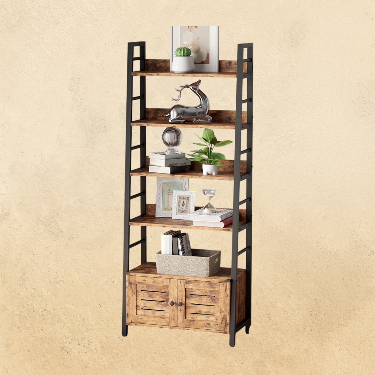 IRONCK 4-Tier Ladder Bookshelf with Louvered Doors, Rustic Brown