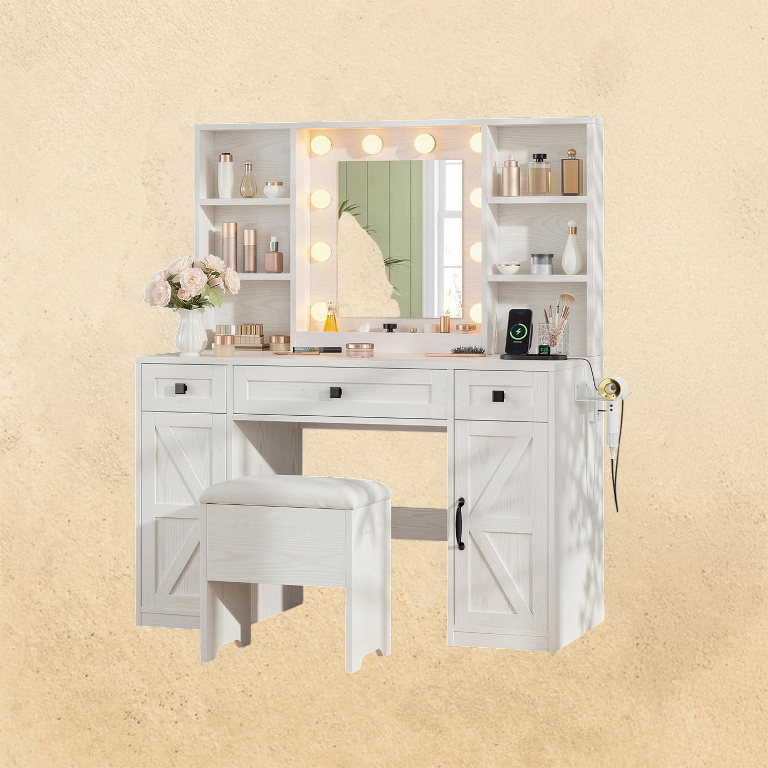 IRONCK White Vanity Desk with Adjustable 3 LED Modes, Stool Included
