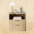 IRONCK Fluted Night Stand Set of 2, with Charging Station, Drawers and Open Shelves, Oak