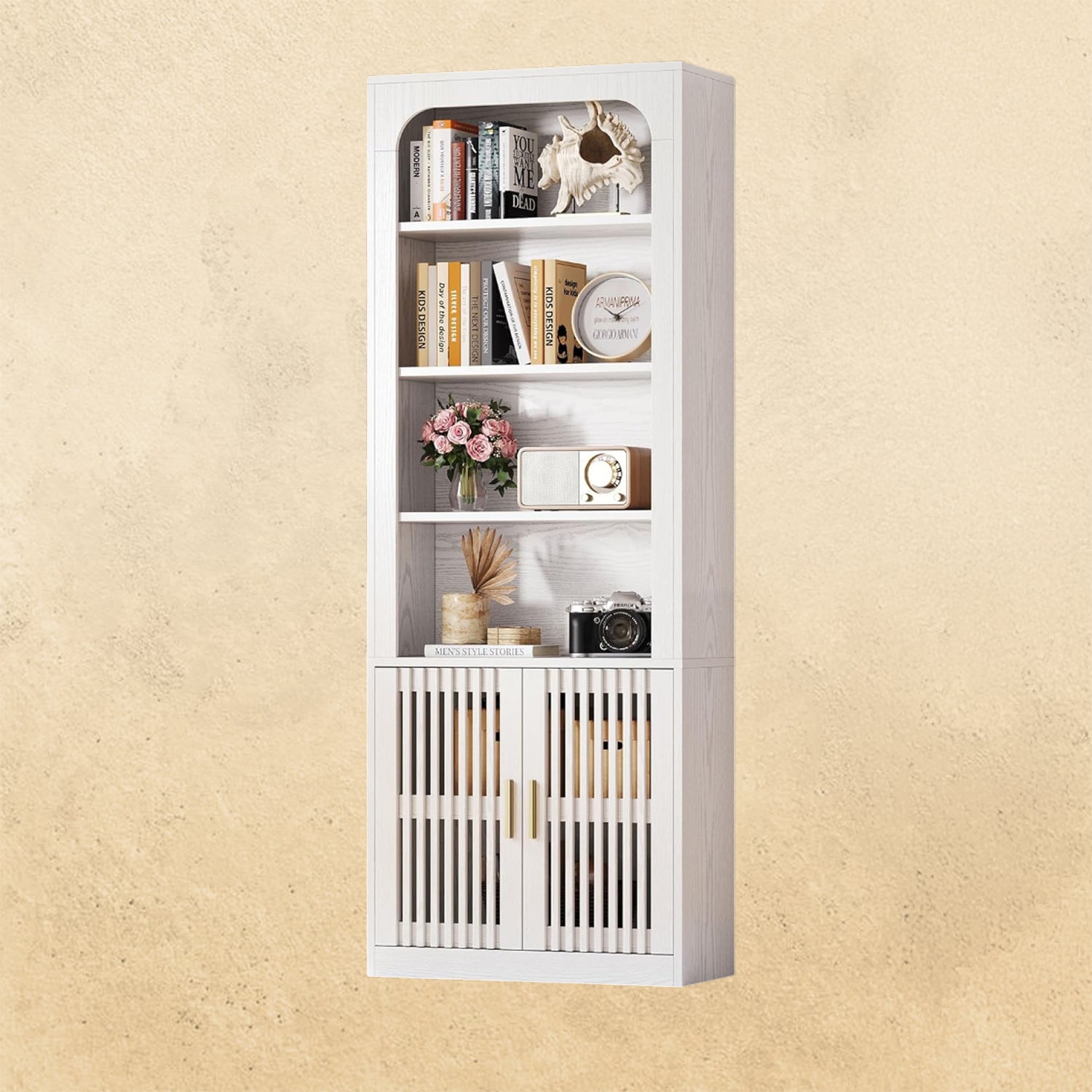 IRONCK 6-Tier Floor Standing Bookcase with Grille Doors, white