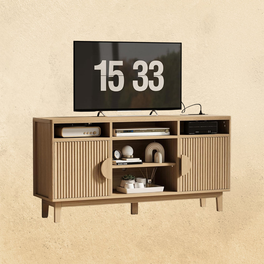 IRONCK 65 Inch TV with Storage and Charging Station, Natural Oak