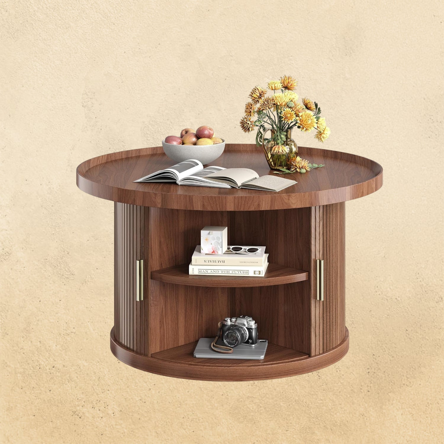 IRONCK 31.5" Round Coffee Table with Storage & Sliding Tambour Door
