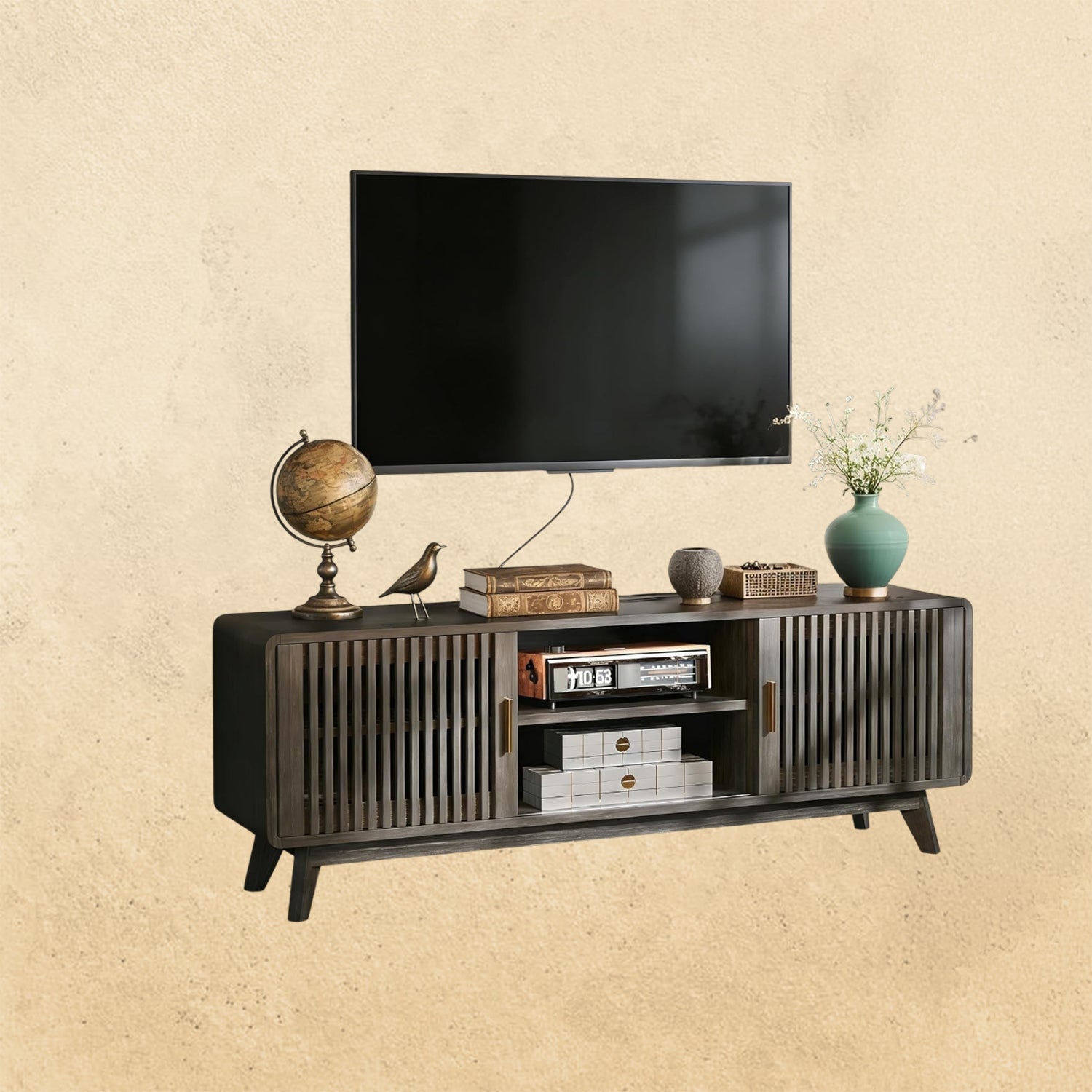 IRONCK Modern TV Stand with Charging Station, Grey Walnut