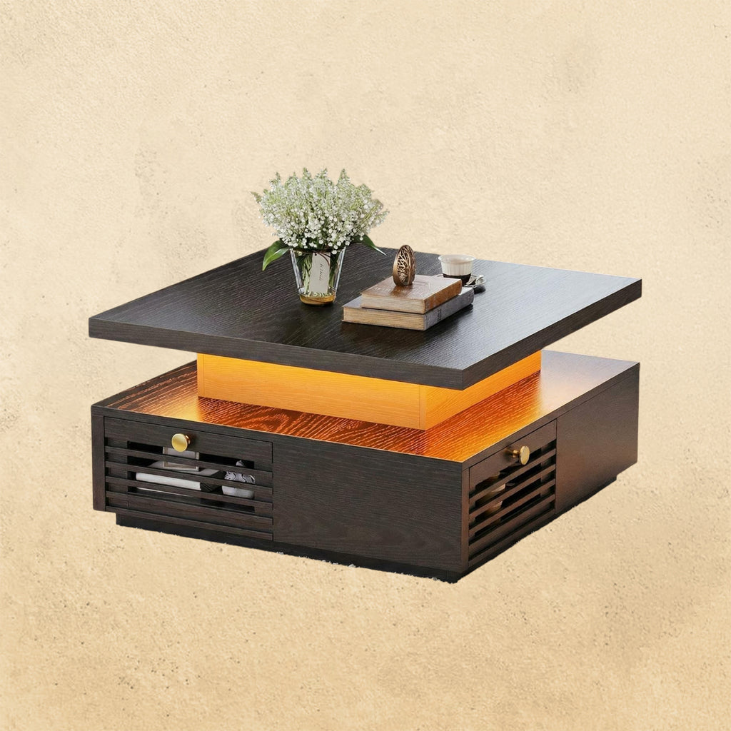 IRONCK Coffee Table with LED Light and Charging Station, 4 Storage Drawers