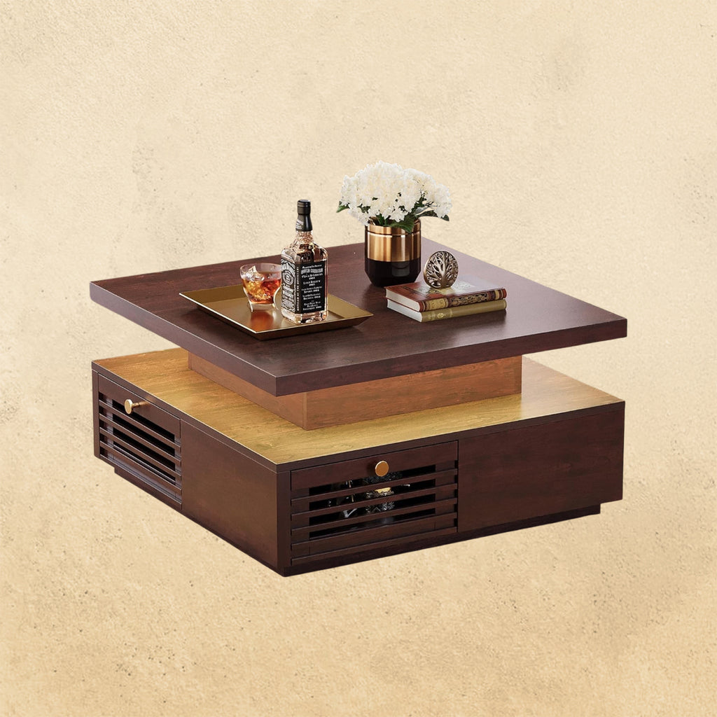 IRONCK Coffee Table with LED Light and Charging Statio, Walnut
