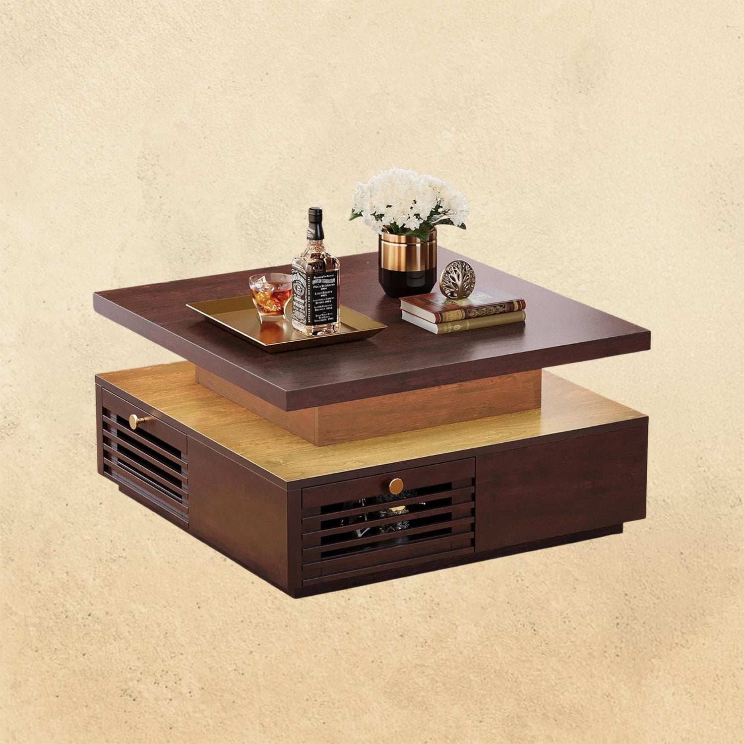 IRONCK Coffee Table with LED Light and Charging Statio, Walnut