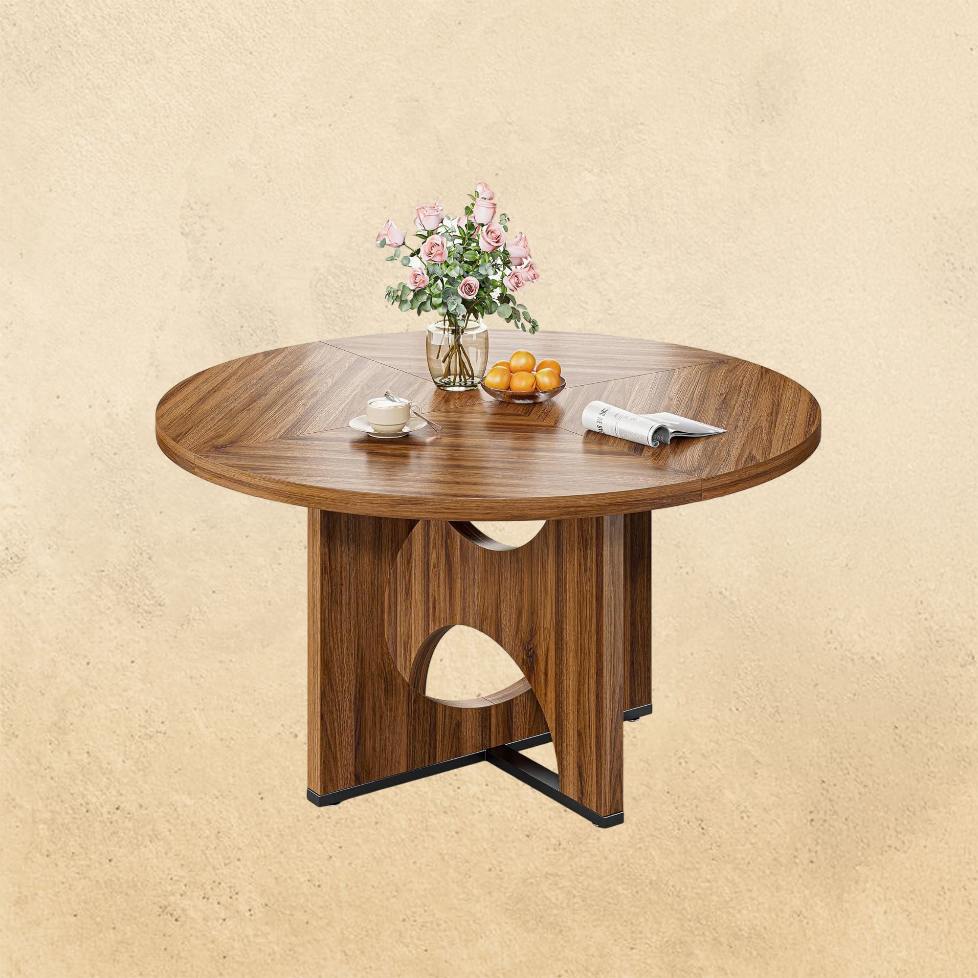 IRONCK 47.2" Wooden Round Dining Table for 4-6 People, Walnut