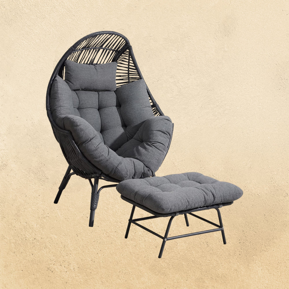 IRONCK Wicker Outdoor Egg Chair with Ottoman, Patio Lounge Chair, Dark Gray