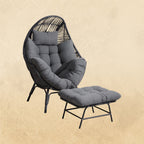 IRONCK Wicker Outdoor Egg Chair with Ottoman, Patio Lounge Chair, Dark Gray