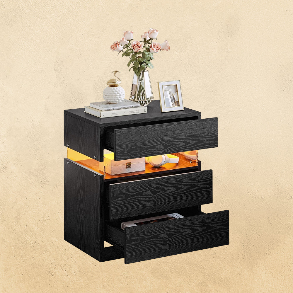 IRONCK Nightstand with 3 Drawers,  LED Light, Storage for Bedroom, Black