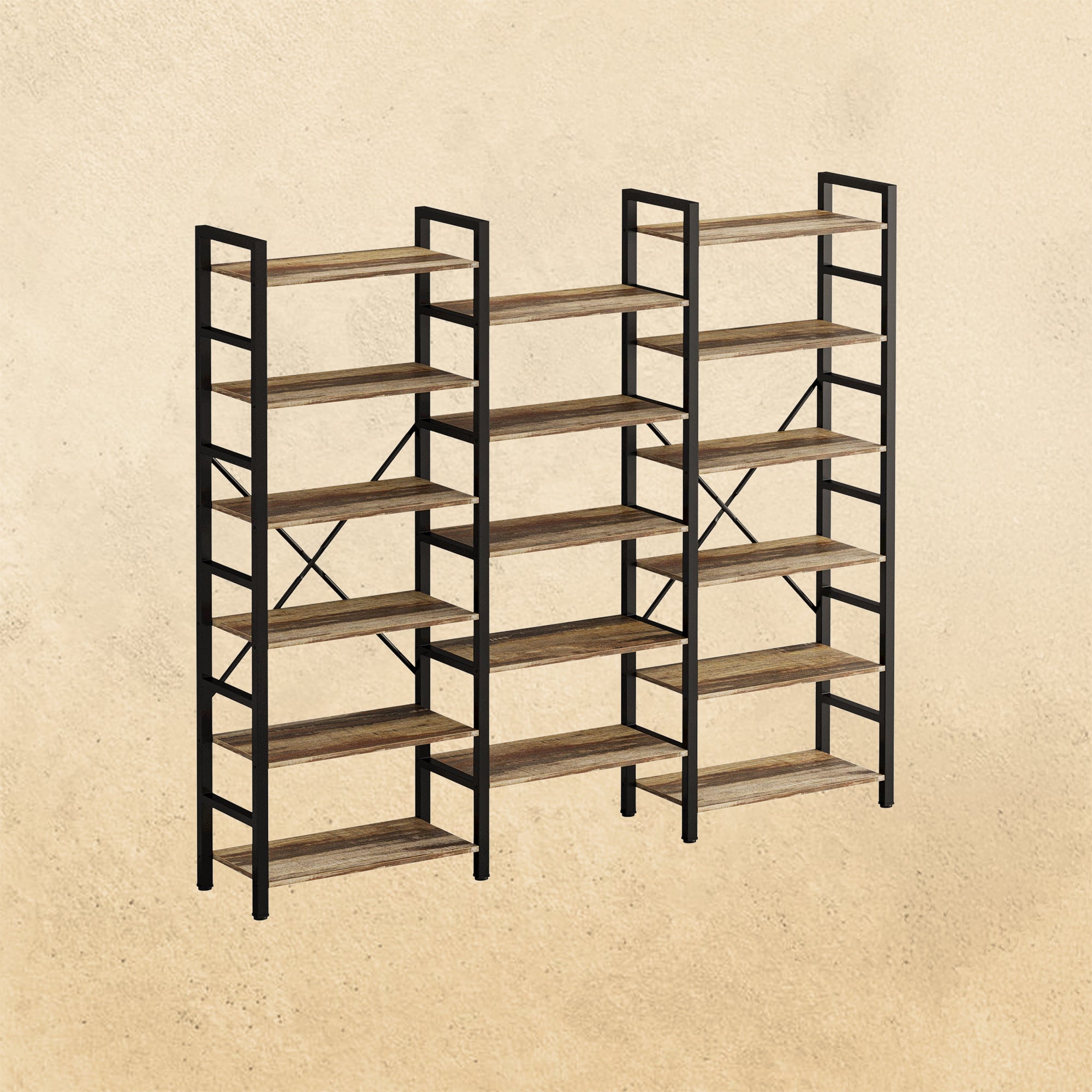【HOT】Large Bookshelf Triple Wide with 6 Tiers Industrial Brown