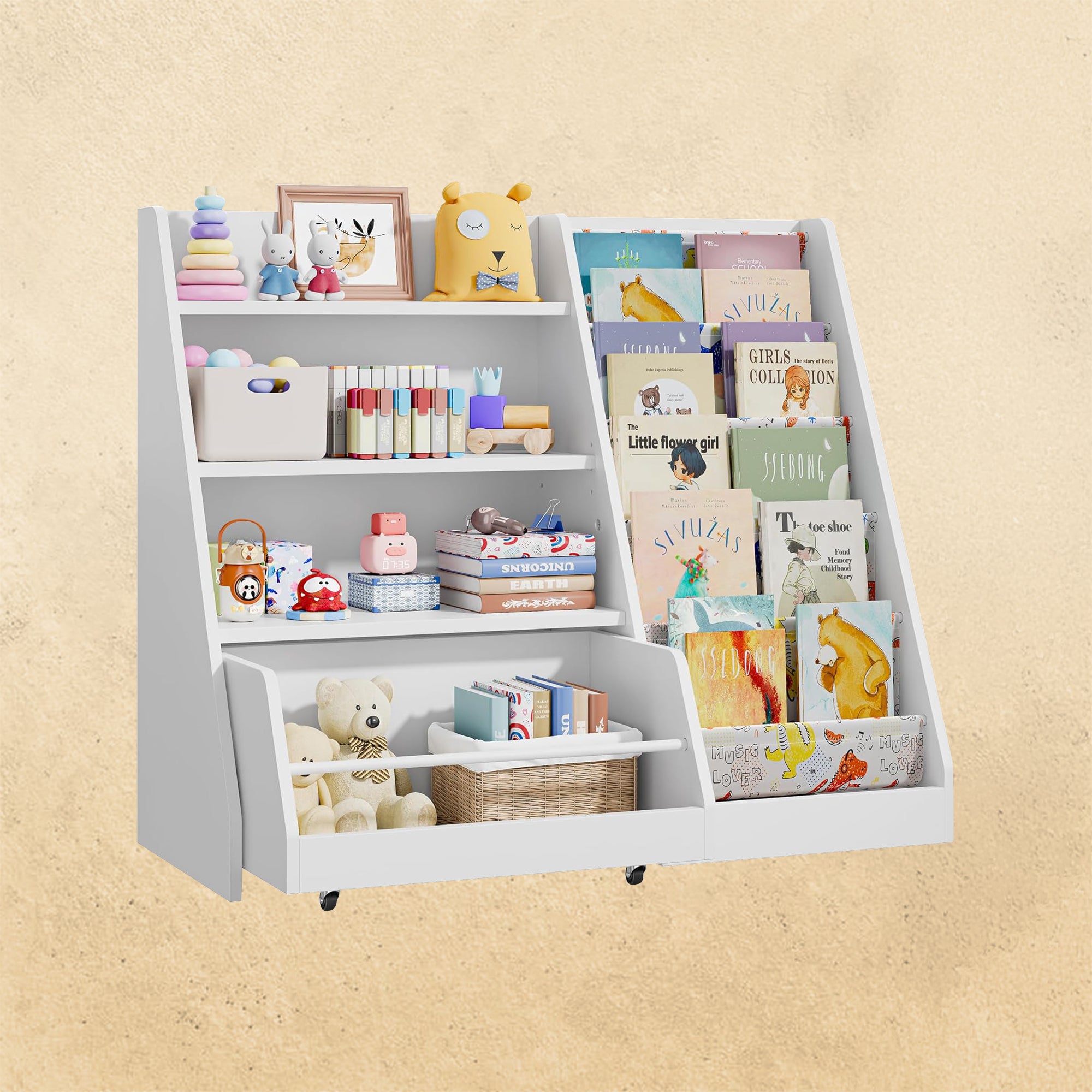 42 Inch Kids Bookshelf, 5 Layer Sling Kids Book Shelf for Kid Rooms, Baby Storage Book Rack, Wood Children Bookcase with Movable Drawer for Playroom, Nursery-Antique White