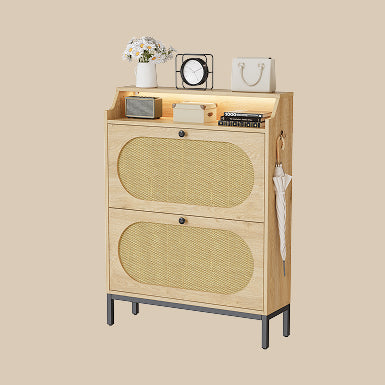 IRONCK Schuhschrank mit 2 Klappschubladen aus Rattan, Schuhaufbewahrung mit LED-Beleuchtung für Eingangsbereich und Flur