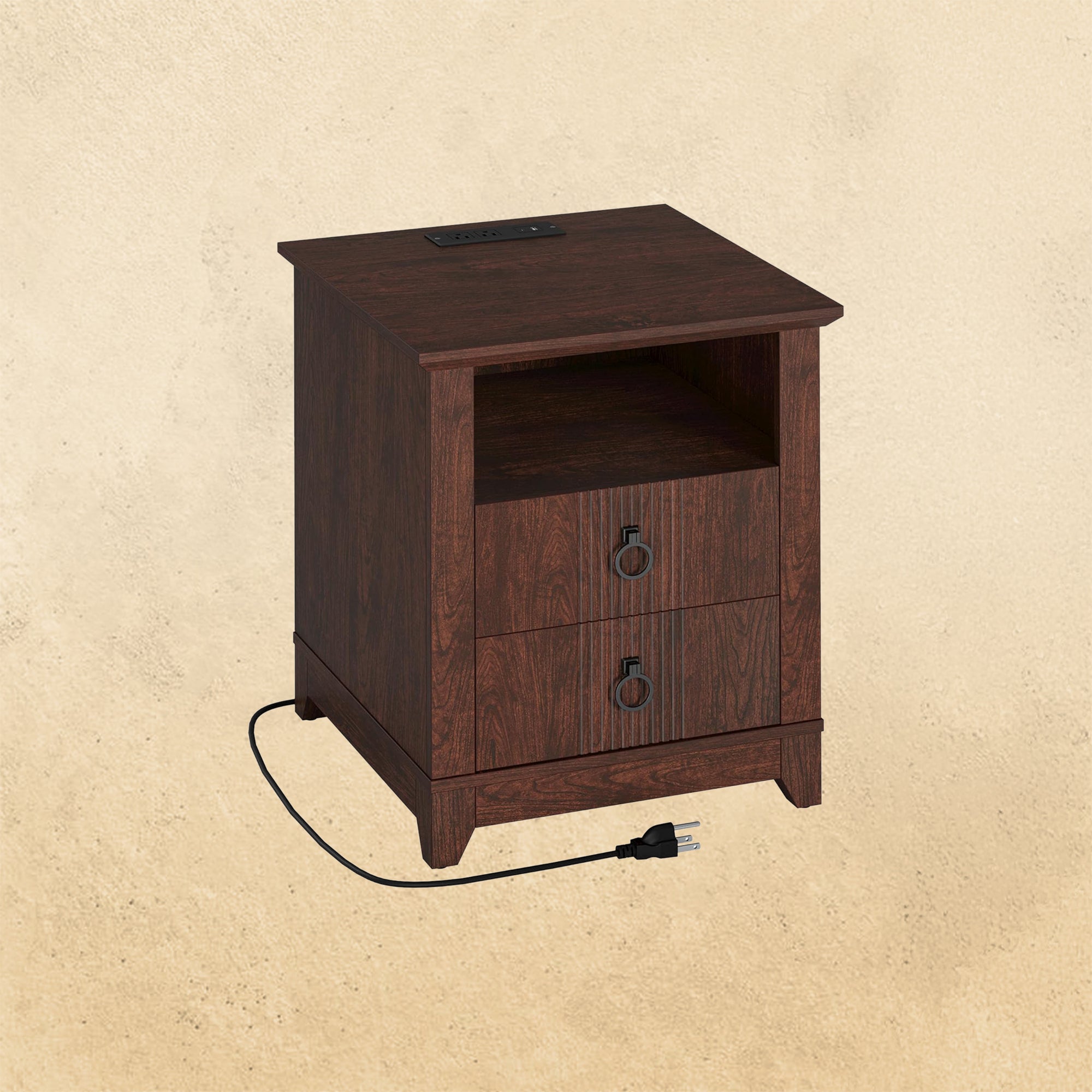 IRONCK Night Stand with Charging Station, Bedside Table with 2 Drawers and 1 Open Shelf