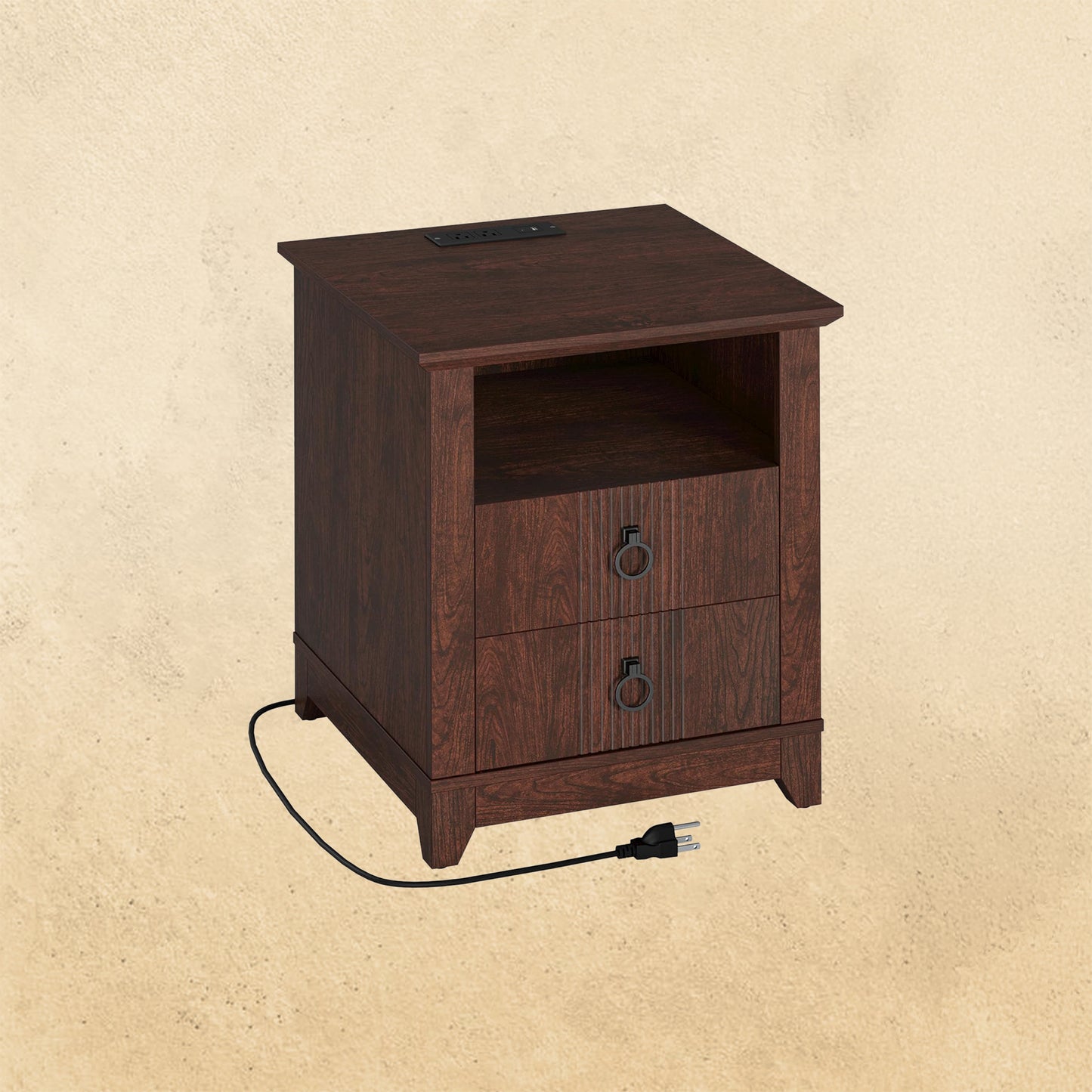 IRONCK Night Stand with Charging Station, Bedside Table with 2 Drawers and 1 Open Shelf