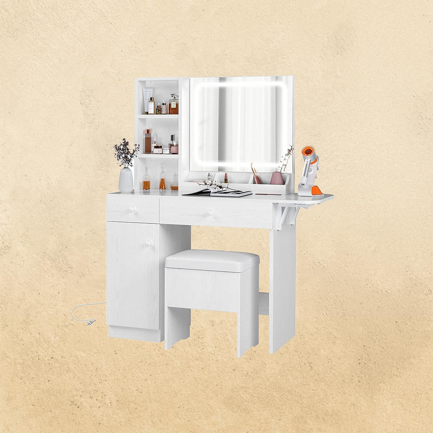 Schminktisch mit LED-beleuchtetem Spiegel und Steckdose 