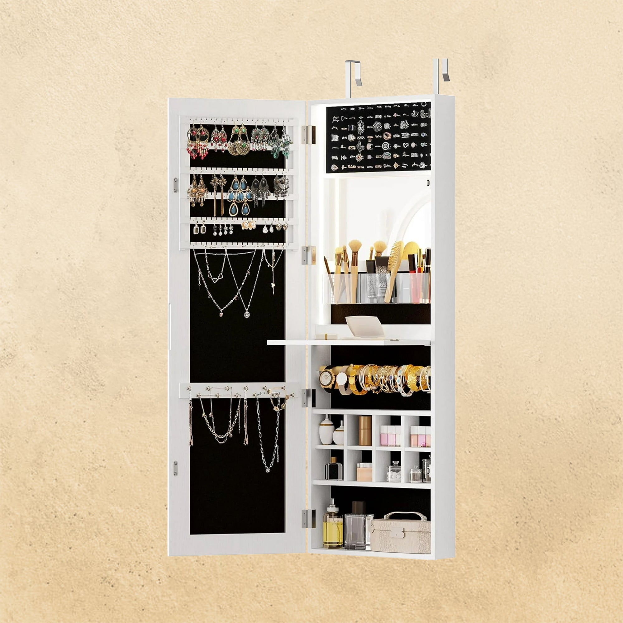 Wand-/Tür-montierter Spiegel-Schmuckschrank-Organizer mit LED-Licht